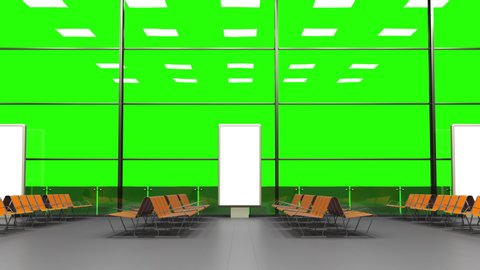 The interior of the airport in the evening. Waiting room before departure at the airport.
Green screen for chroma key alpha.
