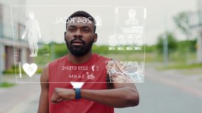 Active Black Runner Stops in the Street to Check His Heart Rate on Smartwatch. Portrait Healthy Afro-American Man Using Holographic Fitness Tracker While Running. 3D Render Animation. - Powered by Shutterstock - Get 15% off with code: PIKWIZARD15