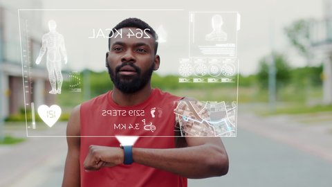 Active Black Runner Stops in the Street to Check His Heart Rate on Smartwatch. Portrait Healthy Afro-American Man Using Holographic Fitness Tracker While Running. 3D Render Animation.