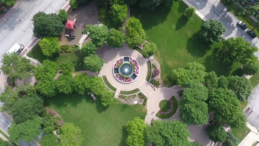 High Angle Aerial View of Fountain in Arlington Heights Park Disctrict, Chigago, Illinois USA