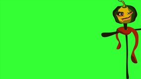 A scarecrow with a pumpkin falls. Pumpkin with erysipelas on a stick. Move down, to the right, to the left. On a green background. Stop motion animation. Halloween holiday. Pumpkin eyes are watching. - Powered by Shutterstock - Get 15% off with code: PIKWIZARD15