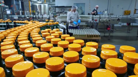 Worker doing inspection on robotic factory line for processing beverages bottled juice. Robotic production line.  Arkistovideo