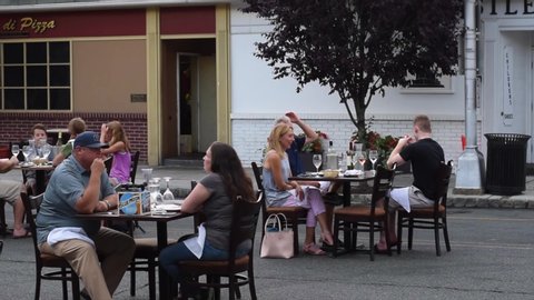 Westfield, NJ 06/27/20: A 4k Pano Video Of People Eating At Restaurants Outside Again After The Coronavirus Covid-19 Global Pandemic Because Governor Phil Murphy Reopens Outdoor Seating
