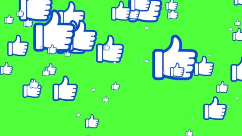animation of many hand icons with a blue thumb up. On a green background. Digital animation moves with various icons for social networks. Change in size like.