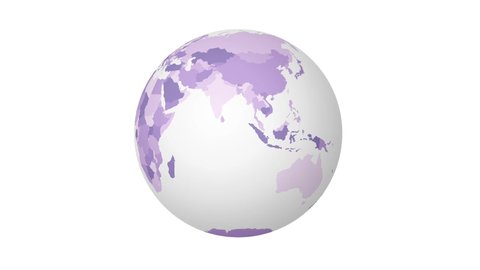 Spinning globe with world map with countries colors in pink colors. White planet ball on plain background.
