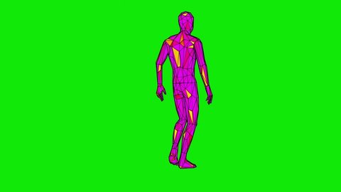 animation of a 3D character walking from behind, on green background