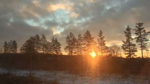 View from train window in motion - sun shines through trees silhouette - sun lens flares - sunrise at winter forest.