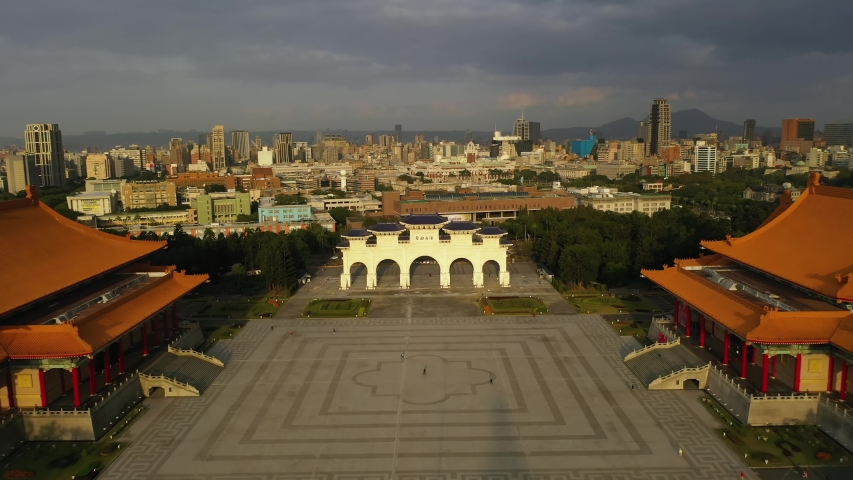 Aerial view 4k footage by drone of Front gate of Chiang Kai Shek Memorial hall in Taipei City, Taiwan. 