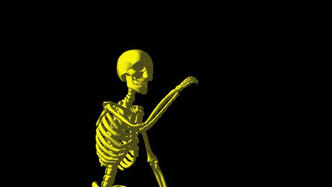 Seamless funny animation of a sexy dancing skeleton in halftone photocopy printed style isolated with alpha channel.Halloween zine culture video loop with a trendy cool psychedelic look.