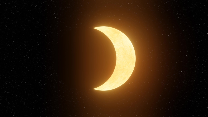 Representation of a solar eclipse moving horizontally with a ring of fire in the center on a space background with stars. Royalty-Free Stock Footage #1055067293