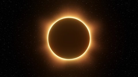 Representation of a solar eclipse moving horizontally with a ring of fire in the center on a space background with stars.
