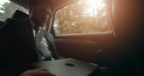 Successful mature businessman in formal outfit opening personal laptop while sitting in modern car. Bearded man in eyeglasses using wireless computer on way to business meeting.