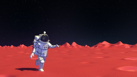 Spaceman in space suit on Mars surface walk with low gravity. 3D render looped animation.