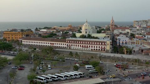 Aerial drone view of historical city center in Cartagena Colombia.