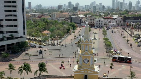Cartagena Colombia Old Town - Drone aerial view of Cartagena de Indias city center, Getsemani neighborhood, harbour and Bocagrande skyline with beach. 