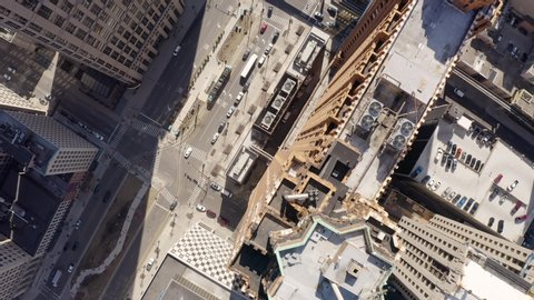 Aerial Straight Down Rotating Over Building Rooftops Downtown Detroit