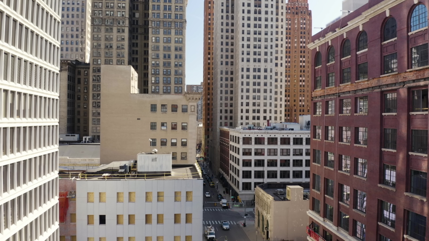 Downtown City Rising Aerial Climbing Between Buildings