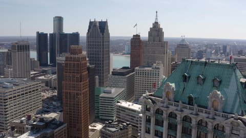 Great 50mm Detroit Aerial Flyby Building Downtown City