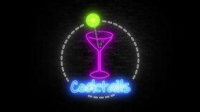 Cocktails sign neon light and change color animation for nightclub background., Seamless 4K video