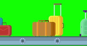 4K resolution Looped animation of baggage belt with Suitcases. 2d Seamless motion animated footage, with bag conveyer. airport Luggage carousel, conveyor belt with briefcases, green screen, flat style