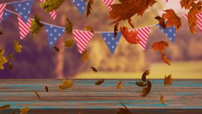 Animation of colourful leaves falling in autumn in a forest with bunting of American flags - Powered by Shutterstock - Get 15% off with code: PIKWIZARD15