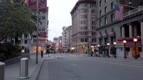 San Francisco, California - May 2020: Empty city streets closed stores Union Square during coronavirus pandemic