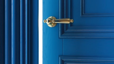 Blue luxury classic door opening to the bright light. Animation with luma matte.