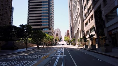 San Francisco, California - May 2020: Driving up empty California Street during coronavirus lockdown
