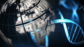Animation of DNA strains over a globe made of American dollar bills spinning. Finance business stock market global data processing concept digitally generated image. - Powered by Shutterstock - Get 15% off with code: PIKWIZARD15