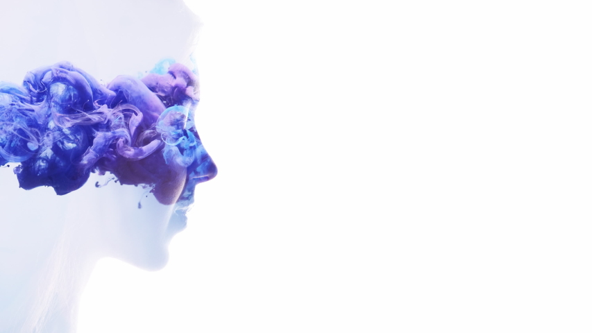 Surreal portrait. Subconscious mind. Blue smoke filling female head silhouette double exposition isolated on white. Royalty-Free Stock Footage #1055100458