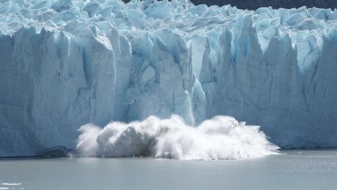 Perito Moreno glacier calving falling down in Patagonia Argentina in slow motion