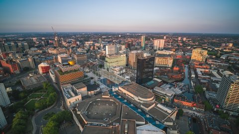 Aerial View Shot of Birmingham UK, United Kingdom, late afternoon, sunset