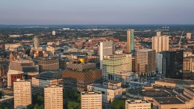 Aerial View Shot of Birmingham UK, United Kingdom, late afternoon, sunset