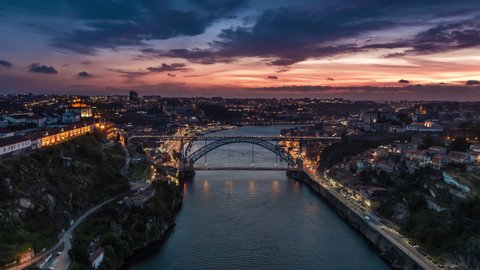 Beautiful Sunset, Aerial View Shot of Porto, Oporto, Dom Luis I Bridge, Douro River, Old Town, Portugal