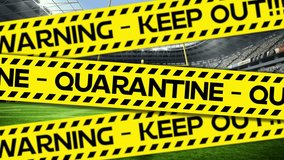 Animation of the words Quarantine Keep out written in black letters on yellow and black tape with coronavirus Covid-19 spreading over a rugby stadium in the background. Medicine sport public health - Powered by Shutterstock - Get 15% off with code: PIKWIZARD15