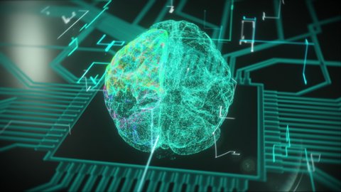 3D Render Animation of Human Brain Appearing on Electronic CG Circuit Board. Digital Brain Video Illustration Showing Neuronal Activity with Flying Lines. Artificial Intelligence (AI). Scientific