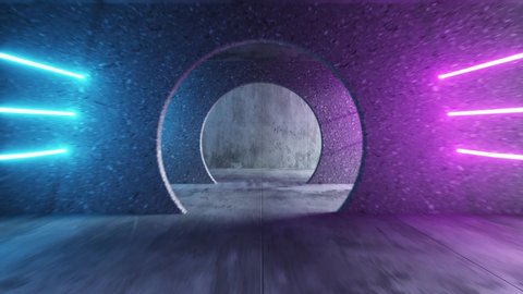 Endless flight in a gray concrete tunnel with bright luminous neon stripes. Modern ultraviolet light spectrum. The movement of the camera in a circle. Seamless loop of abstract animation