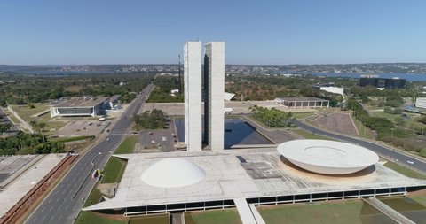 Brasília, Distrito Federal / Brazil - Circa June 2020: Aerial view of the National Congress, seat of the Brazilian Legislature, capital of Brazil. 4K.