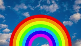 a moving rainbow graphic against a video of clouds in the sky. this is useful for concepts of pride, peace and love.