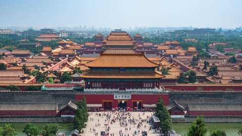 Beijing, China, time lapse view of historical landmark Forbidden City palace complex during summer. The Forbidden City is one of the most visited tourist attractions in China.