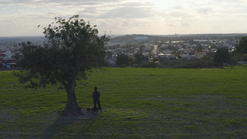 Aerial panning drone shot of woman standing under tree, looking at view and enjoying sunset