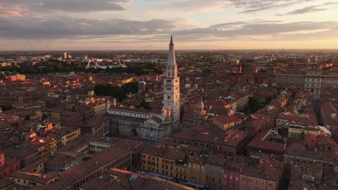 aerial view drone of modena historic city center and duomo cathedral at sunrise