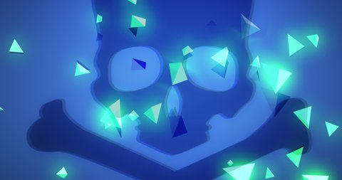 Animated background of a skull with abstract modern triangular shape particles floating around. Game over screen concept. Skull with crossbones, fast dramatic movements. Glowing green and blue tones.