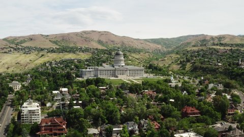 Aerial of Utah Capitol in Salt Lake City, green cityscape