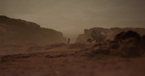 Astronaut walking near planet rover vehicle on a surface of a red rocky planet. Mars colonization concept. Dust effect added
