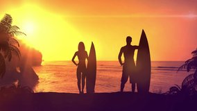 Surfers on the beach against a bright sunset. 3d render