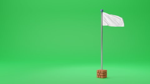 3D Render White flag  waving on a orange brick block base pole ,Copy space for insert your content ,Isolate on green background.