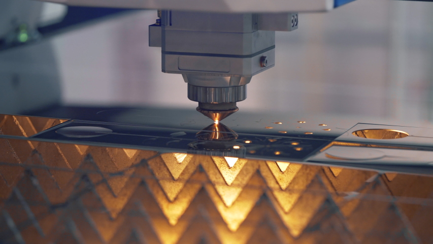 Modern Technological Cnc Cutting Power Action on Metallic Horizontal Ironwork Object Hot Gas. Making Industrial Details in Computer Program Heavy Industry. Cut Metal Material Laser Burn Closeup Shot Royalty-Free Stock Footage #1055146892