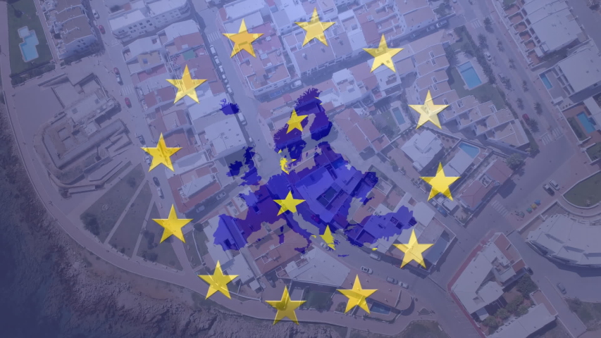 Animation of yellow stars spinning with EU map over a cityscape. Finance and technology concept digital composite - Powered by Shutterstock - Get 15% off with code: PIKWIZARD15