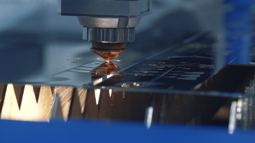 Modern Technological Cnc Cutting Power Action on Metallic Horizontal Ironwork Object Hot Gas. Making Industrial Details in Computer Program Heavy Industry. Cut Metal Material Laser Burn Closeup Shot Royalty-Free Stock Footage #1055153270